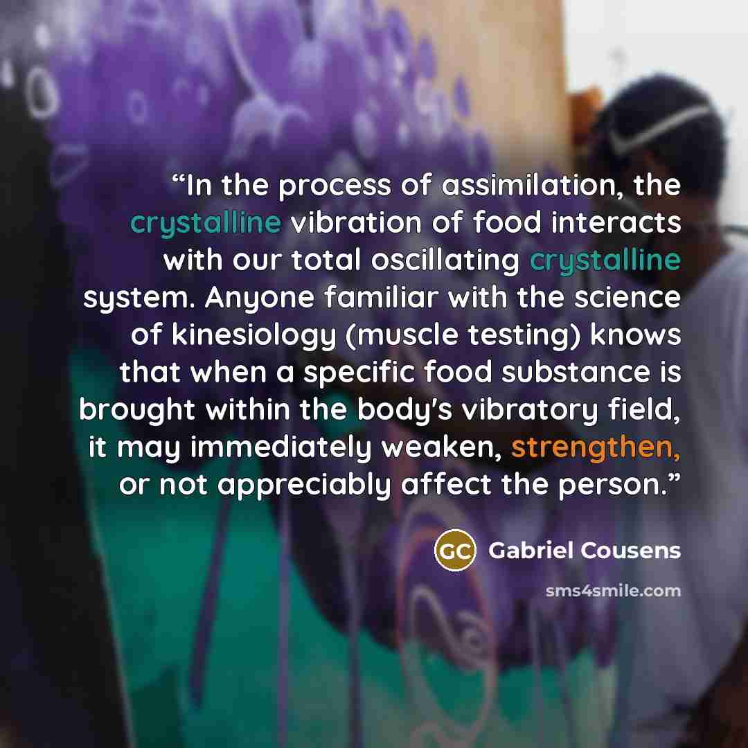 “In the process of assimilation, the crystalline vibration of food interacts with our total oscillating crystalline system. Anyone familiar with the science of kinesiology (muscle testing) knows that when a specific food substance is brought within the body's vibratory field, it may immediately…” quote by Gabriel Cousens