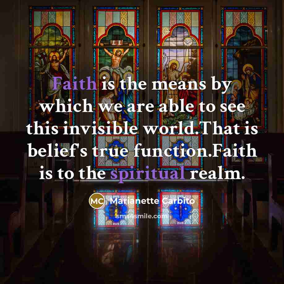 “Faith is the means by which we are able to see this invisible world.That is belief's true function.Faith is to the spiritual realm.” quote by Marianette Carbito