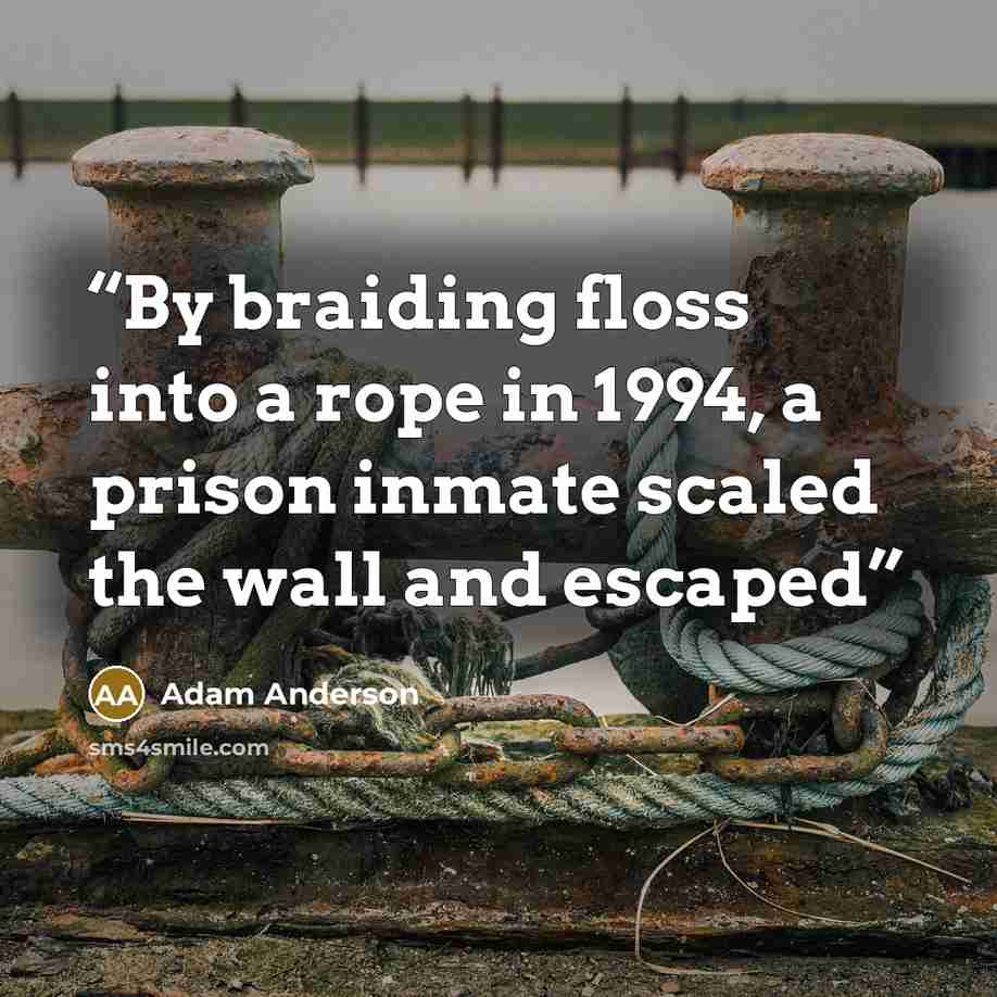 “By braiding floss into a rope in 1994, a prison inmate scaled the wall and escaped” quote by Adam Anderson