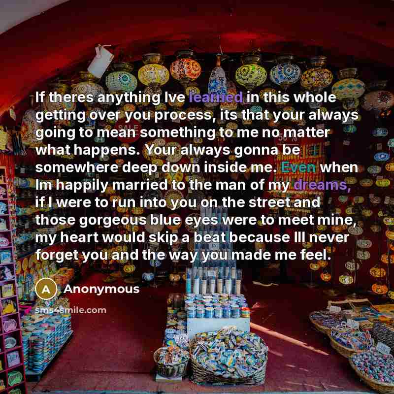 “If theres anything Ive learned in this whole getting over you process, its that your always going to mean something to me no matter what happens. Your always gonna be somewhere deep down inside me. Even when Im happily married to the man of my dreams, if I were to run into you on the street and…” quote by Anonymous