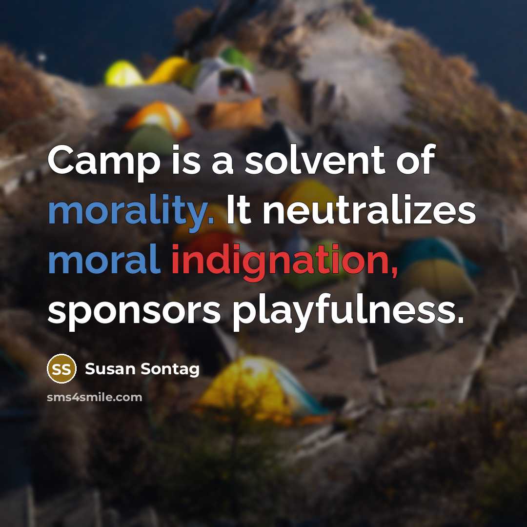 “Camp is a solvent of morality. It neutralizes moral indignation, sponsors playfulness.” quote by Susan Sontag
