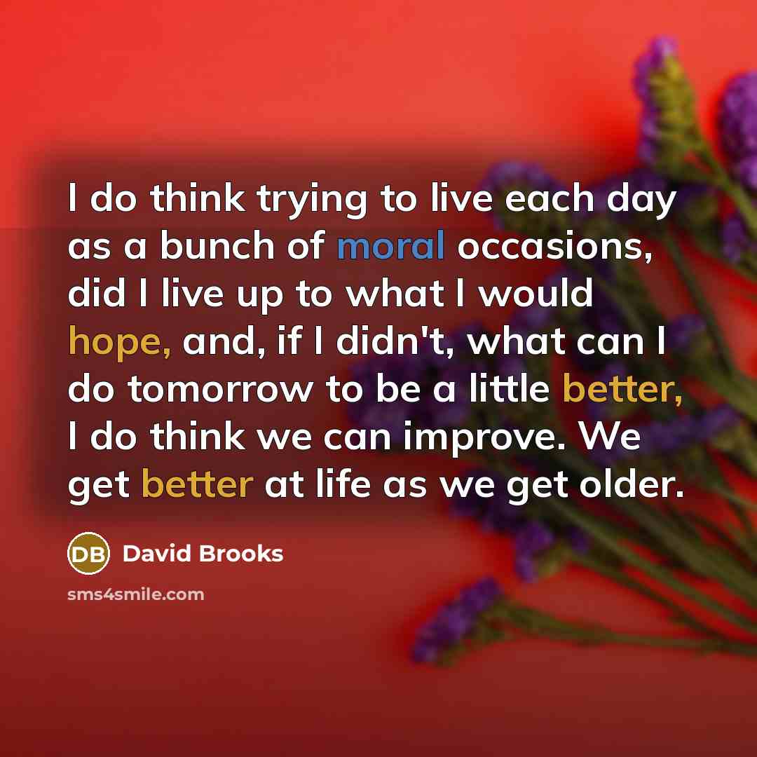 “I do think trying to live each day as a bunch of moral occasions, did I live up to what I would hope, and, if I didn't, what can I do tomorrow to be a little better, I do think we can improve. We get better at life as we get older.” quote by David Brooks