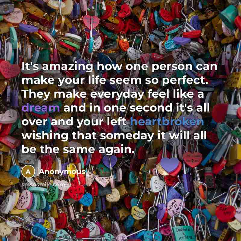 “It's amazing how one person can make your life seem so perfect. They make everyday feel like a dream and in one second it's all over and your left heartbroken wishing that someday it will all be the same again.” quote by Anonymous