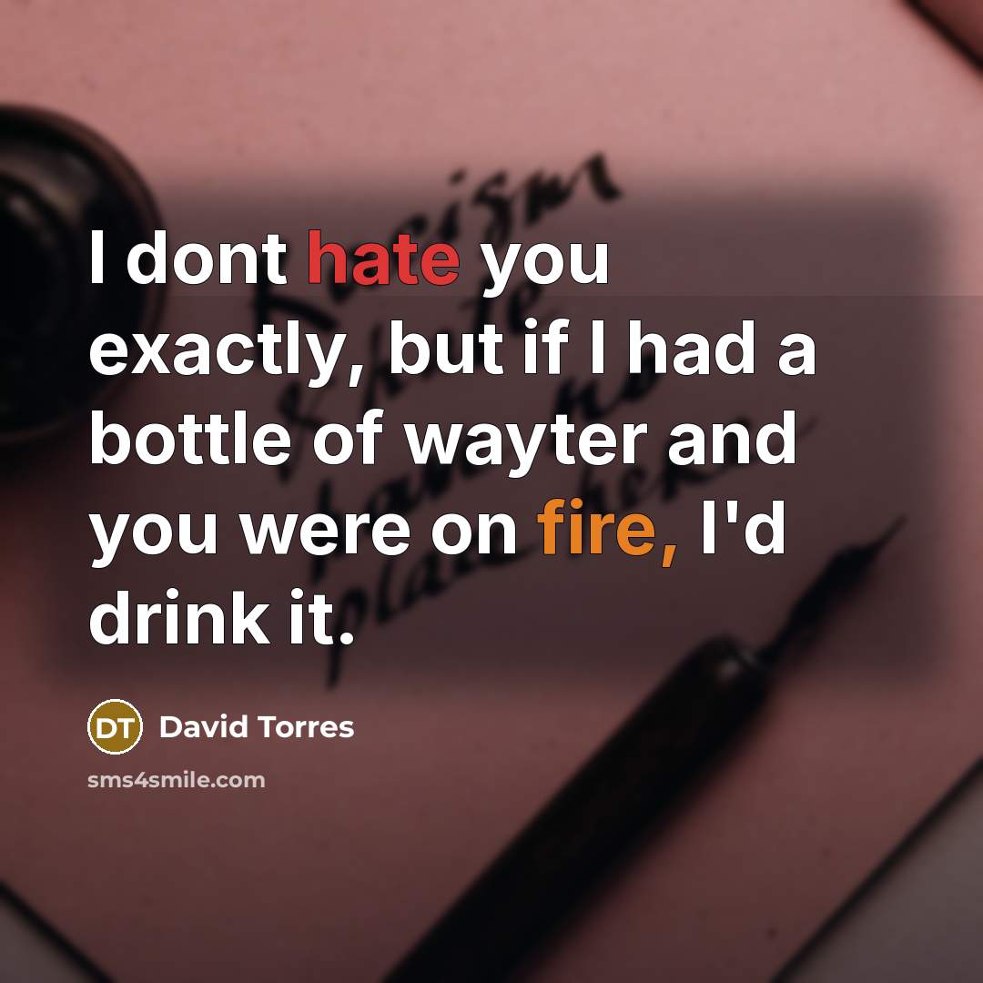 “I dont hate you exactly, but if I had a bottle of wayter and you were on fire, I'd drink it.” quote by David Torres