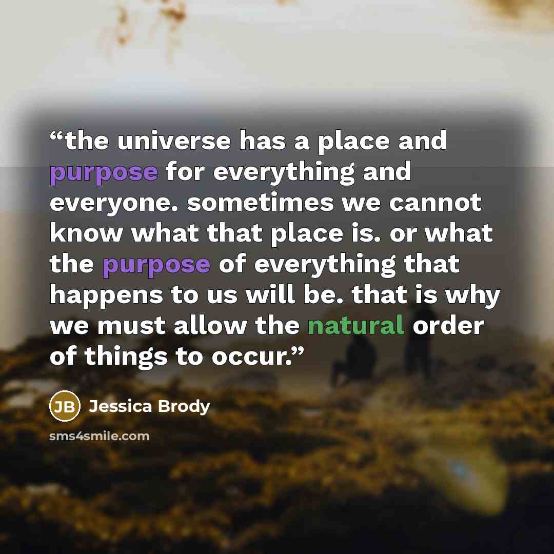 “the universe has a place and purpose for everything and everyone. sometimes we cannot know what that place is. or what the purpose of everything that happens to us will be. that is why we must allow the natural order of things to occur.” quote by Jessica Brody