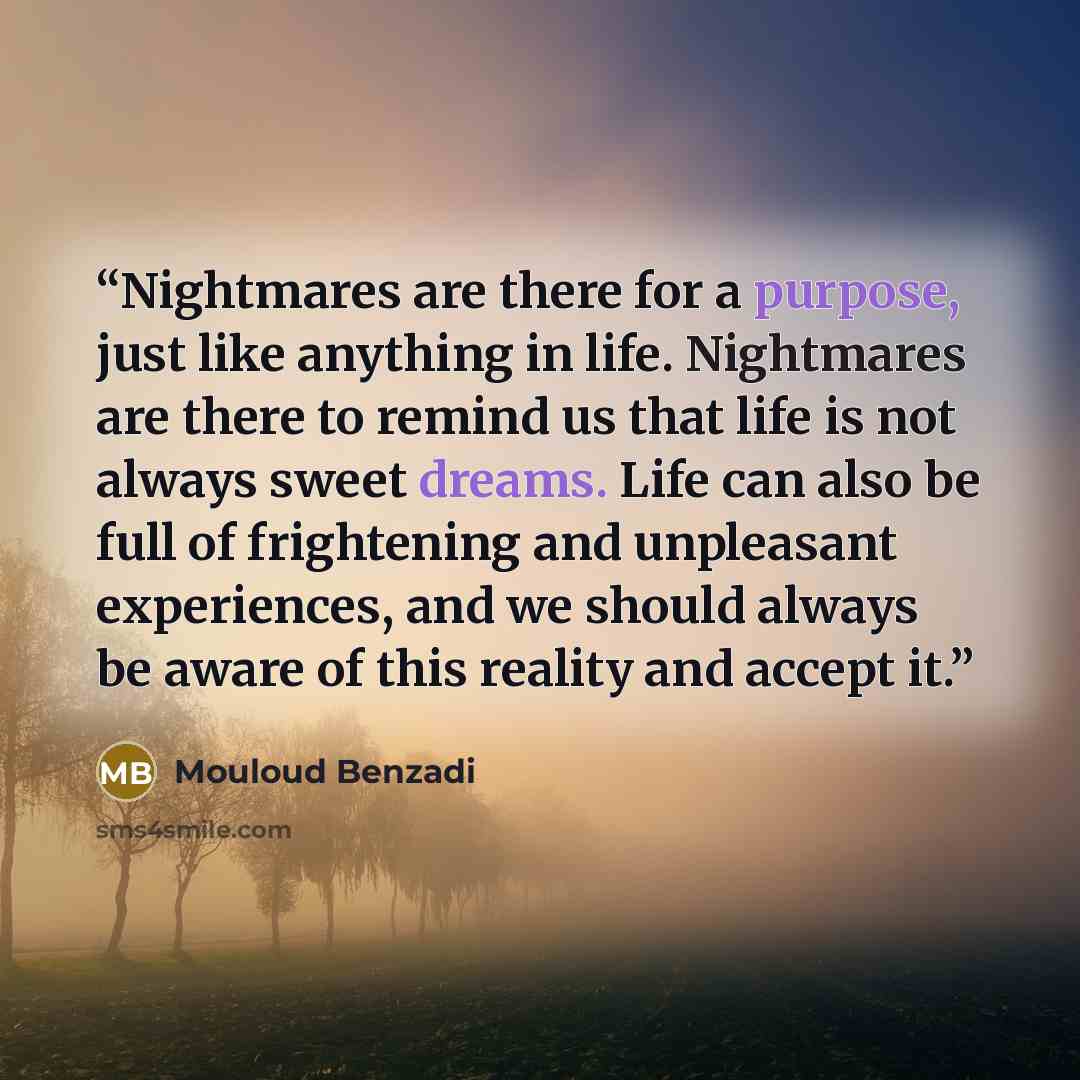 “Nightmares are there for a purpose, just like anything in life. Nightmares are there to remind us that life is not always sweet dreams. Life can also be full of frightening and unpleasant experiences, and we should always be aware of this reality and accept it.” quote by Mouloud Benzadi