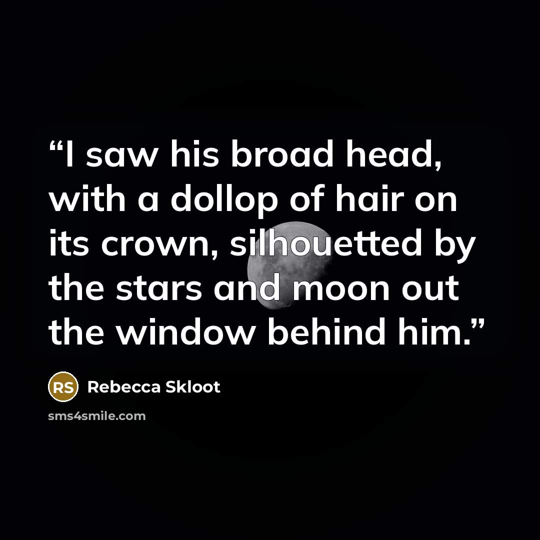“I saw his broad head, with a dollop of hair on its crown, silhouetted by the stars and moon out the window behind him.” quote by Rebecca Skloot