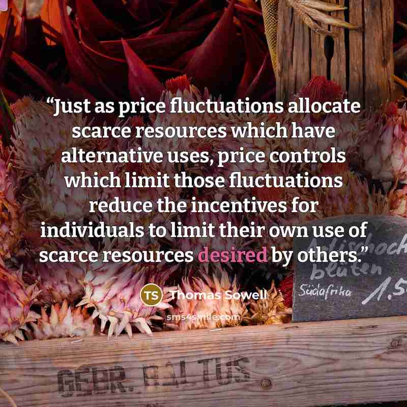 “Just as price fluctuations allocate scarce resources which have alternative uses, price controls which limit those fluctuations reduce the incentives for individuals to limit their own use of scarce resources desired by others.” quote by Thomas Sowell