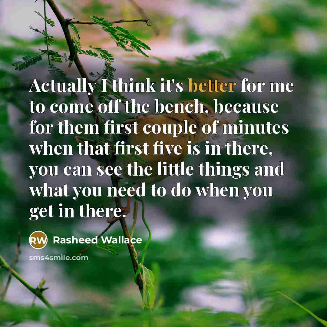 “Actually I think it's better for me to come off the bench, because for them first couple of minutes when that first five is in there, you can see the little things and what you need to do when you get in there.” quote by Rasheed Wallace