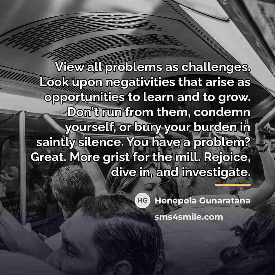 “View all problems as challenges. Look upon negativities that arise…” quote by Henepola Gunaratana