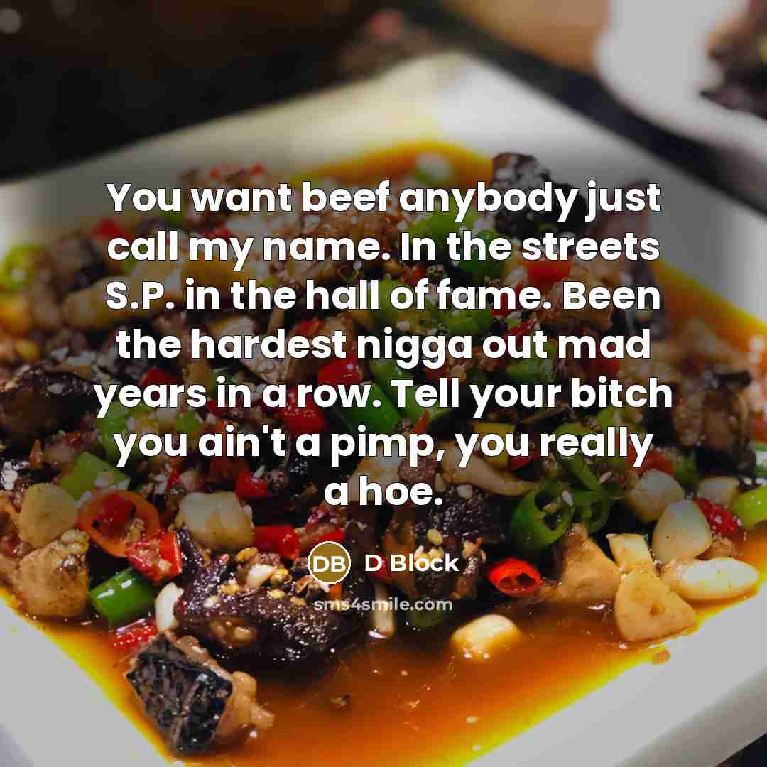 “You want beef anybody just call my name. In the streets S.P. in the hall of fame. Been the hardest nigga out mad years in a row. Tell your bitch you ain't a pimp, you really a hoe.” quote by D Block
