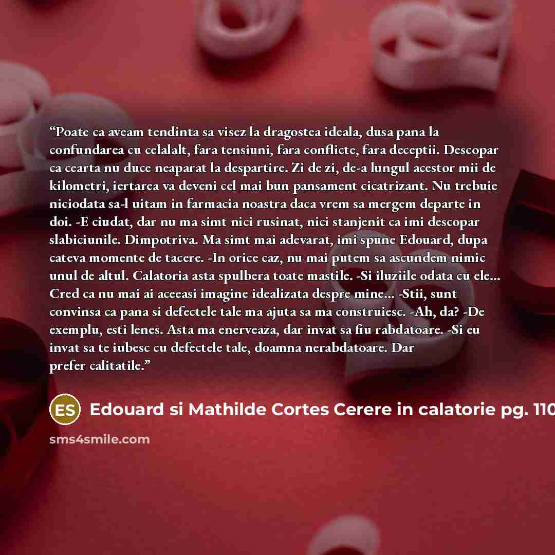 “Poate ca aveam tendinta sa visez la dragostea ideala, dusa pana la confundarea cu celalalt, fara tensiuni, fara conflicte, fara deceptii. Descopar ca cearta nu duce neaparat la despartire. Zi de zi, de-a lungul acestor mii de kilometri, iertarea va deveni cel mai bun pansament cicatrizant. Nu…” quote by Edouard si Mathilde Cortes Cerere in calatorie pg. 110