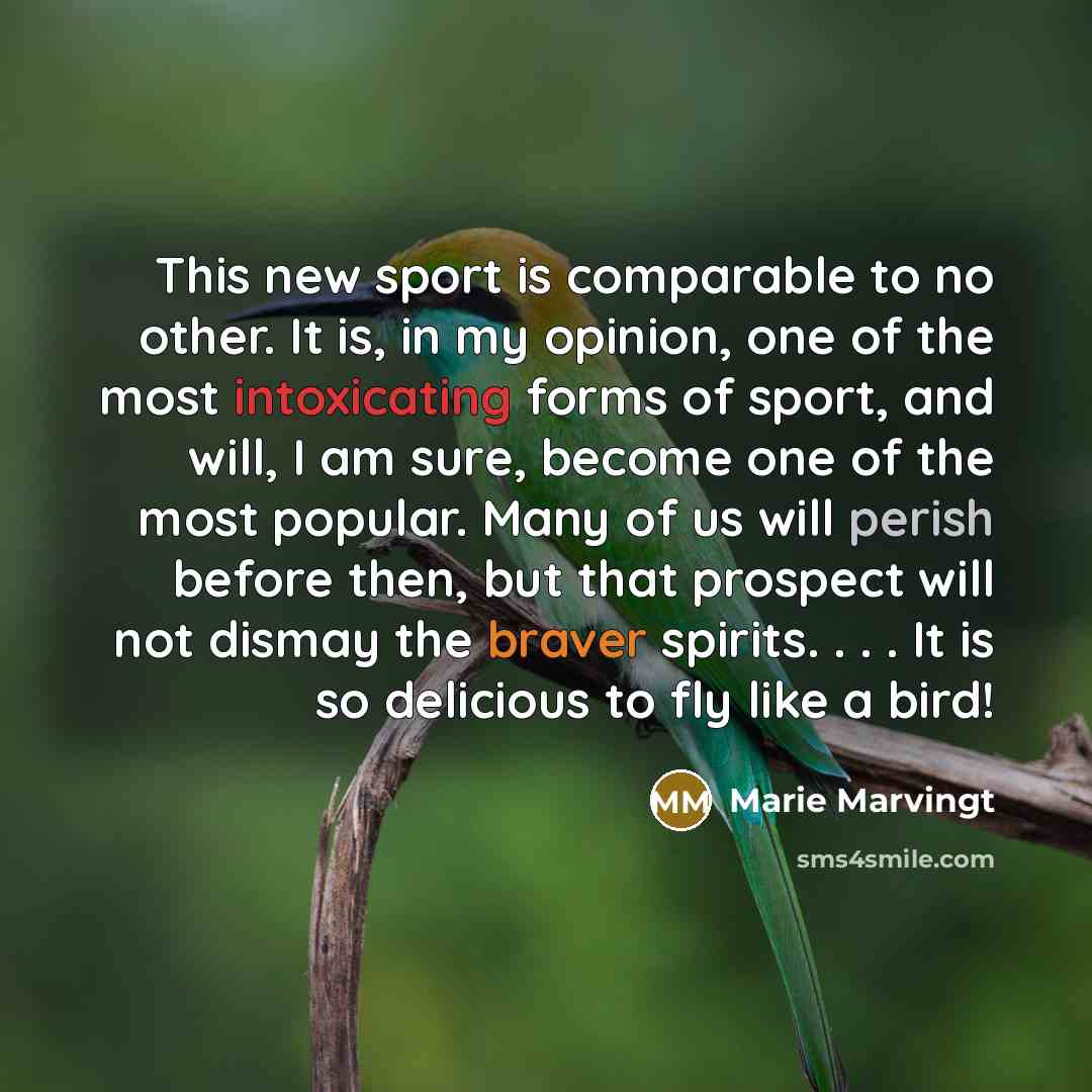 “This new sport is comparable to no other. It is, in my opinion, one of the most intoxicating forms of sport, and will, I am sure, become one of the most popular. Many of us will perish before then, but that prospect will not dismay the braver spirits. . . . It is so delicious to fly like a bird!” quote by Marie Marvingt