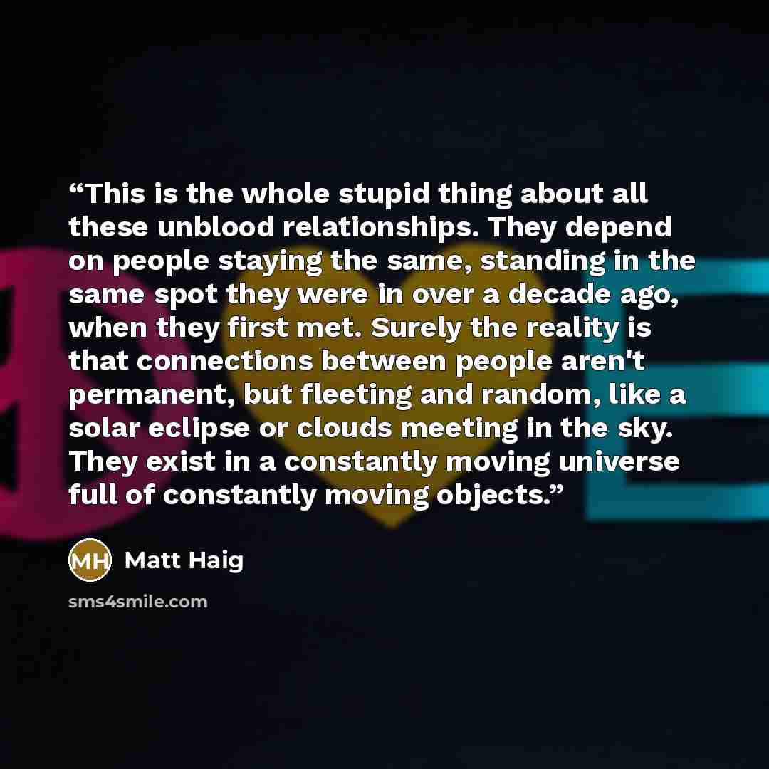 “This is the whole stupid thing about all these unblood relationships. They depend on people staying the same, standing in the same spot they were in over a decade ago, when they first met. Surely the reality is that connections between people aren't permanent, but fleeting and random, like a solar…” quote by Matt Haig