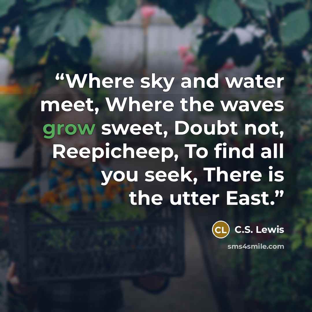 “Where sky and water meet, Where the waves grow sweet, Doubt not, Reepicheep, To find all you seek, There is the utter East.” quote by C.S. Lewis