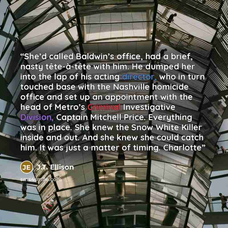“She’d called Baldwin’s office, had a brief, nasty tête-à-tête with him. He dumped her into the lap of his acting director, who in turn touched base with the Nashville homicide office and set up an appointment with the head of Metro’s Criminal Investigative Division, Captain Mitchell Price…” quote by J.T. Ellison