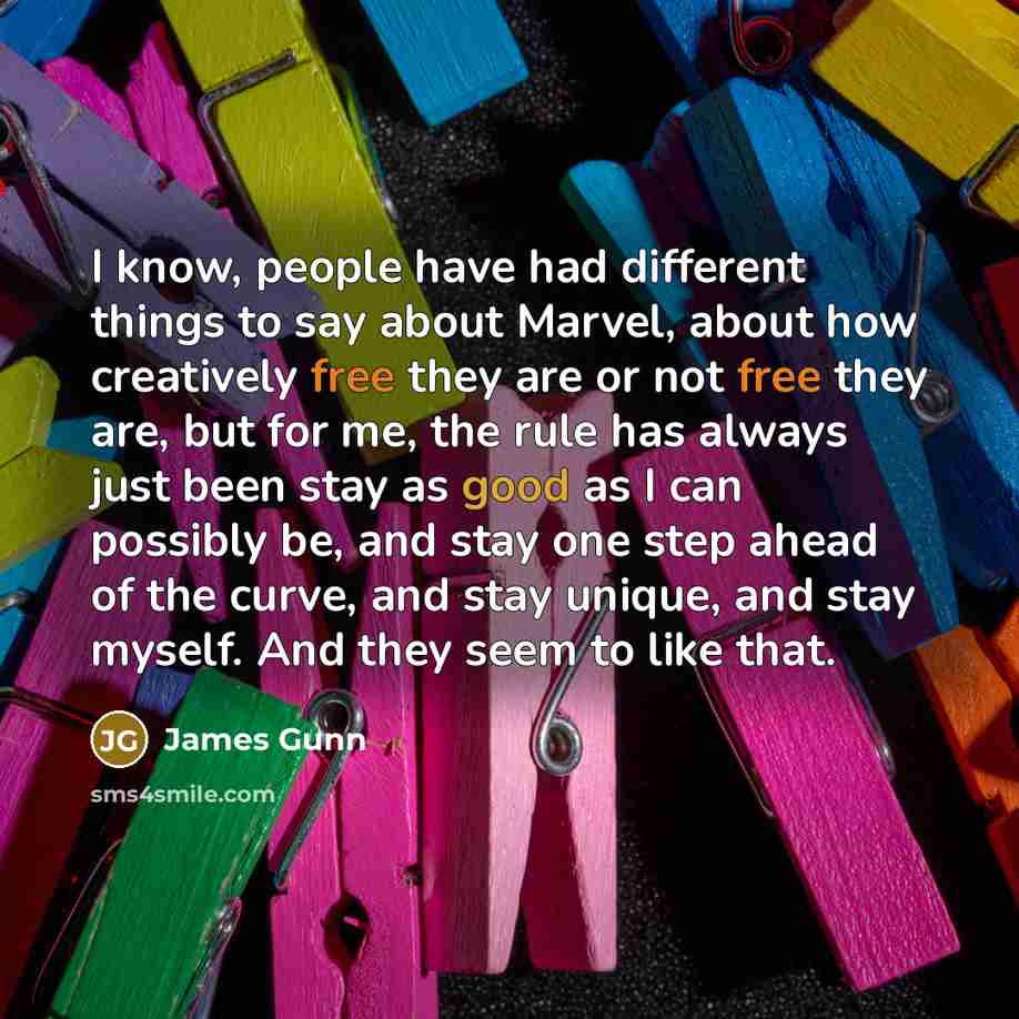 “I know, people have had different things to say about Marvel, about how creatively free they are or not free they are, but for me, the rule has always just been stay as good as I can possibly be, and stay one step ahead of the curve, and stay unique, and stay myself. And they seem to like that.” quote by James Gunn