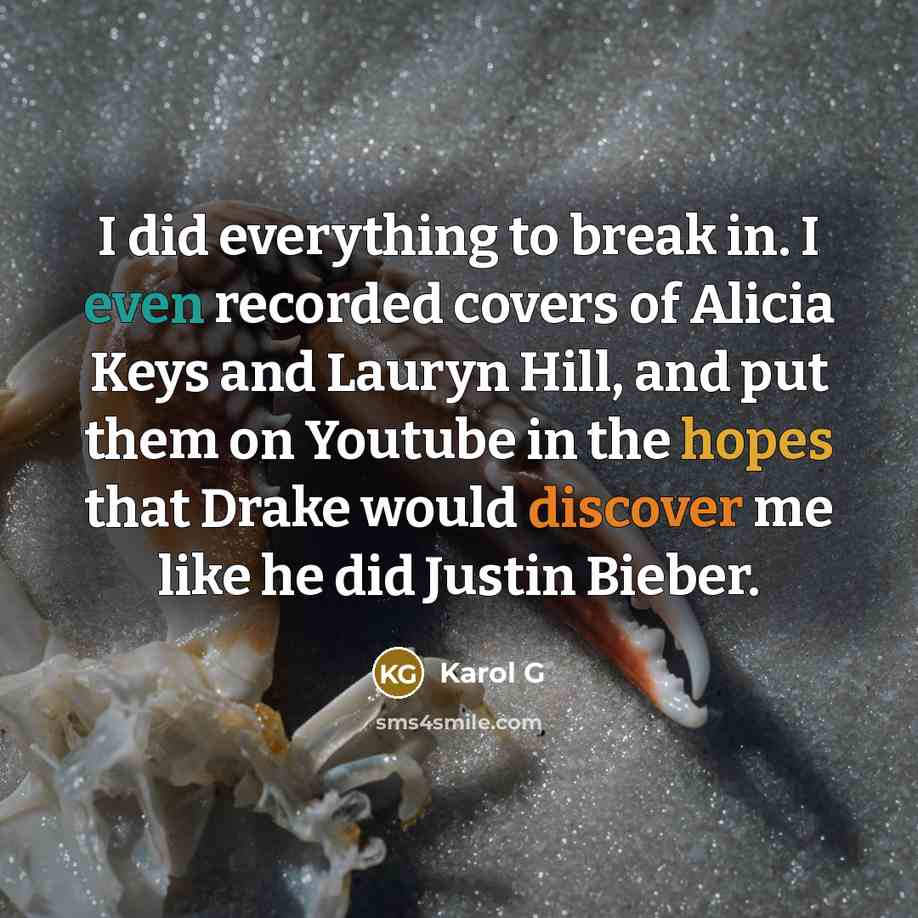 “I did everything to break in. I even recorded covers of Alicia Keys and Lauryn Hill, and put them on Youtube in the hopes that Drake would discover me like he did Justin Bieber.” quote by Karol G