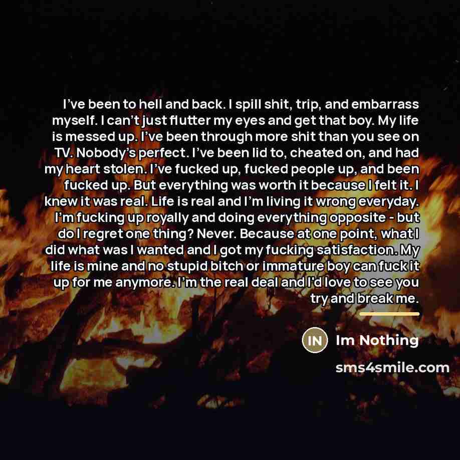 “I've been to hell and back. I spill shit, trip,…” quote by Im Nothing