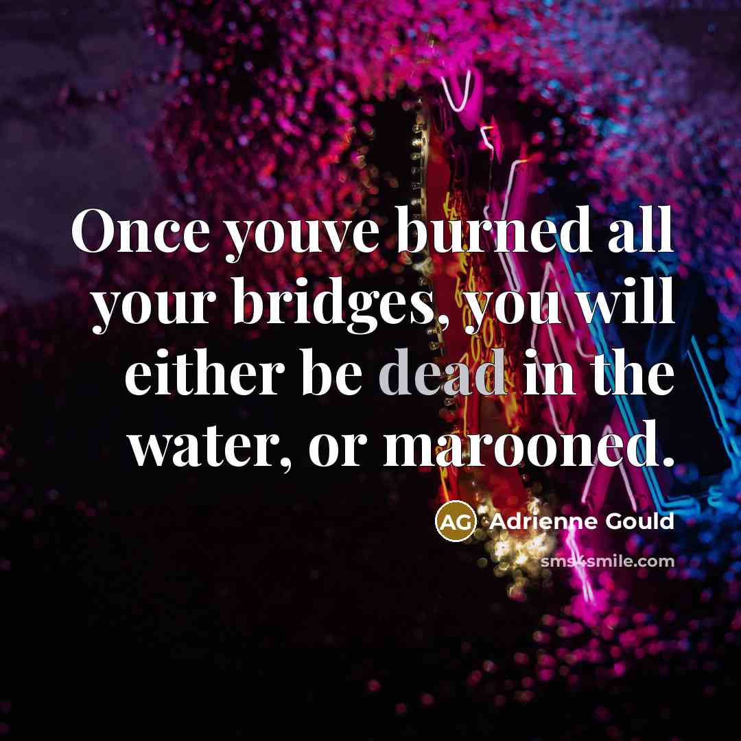 “Once youve burned all your bridges, you will either be dead in the water, or marooned.” quote by Adrienne Gould