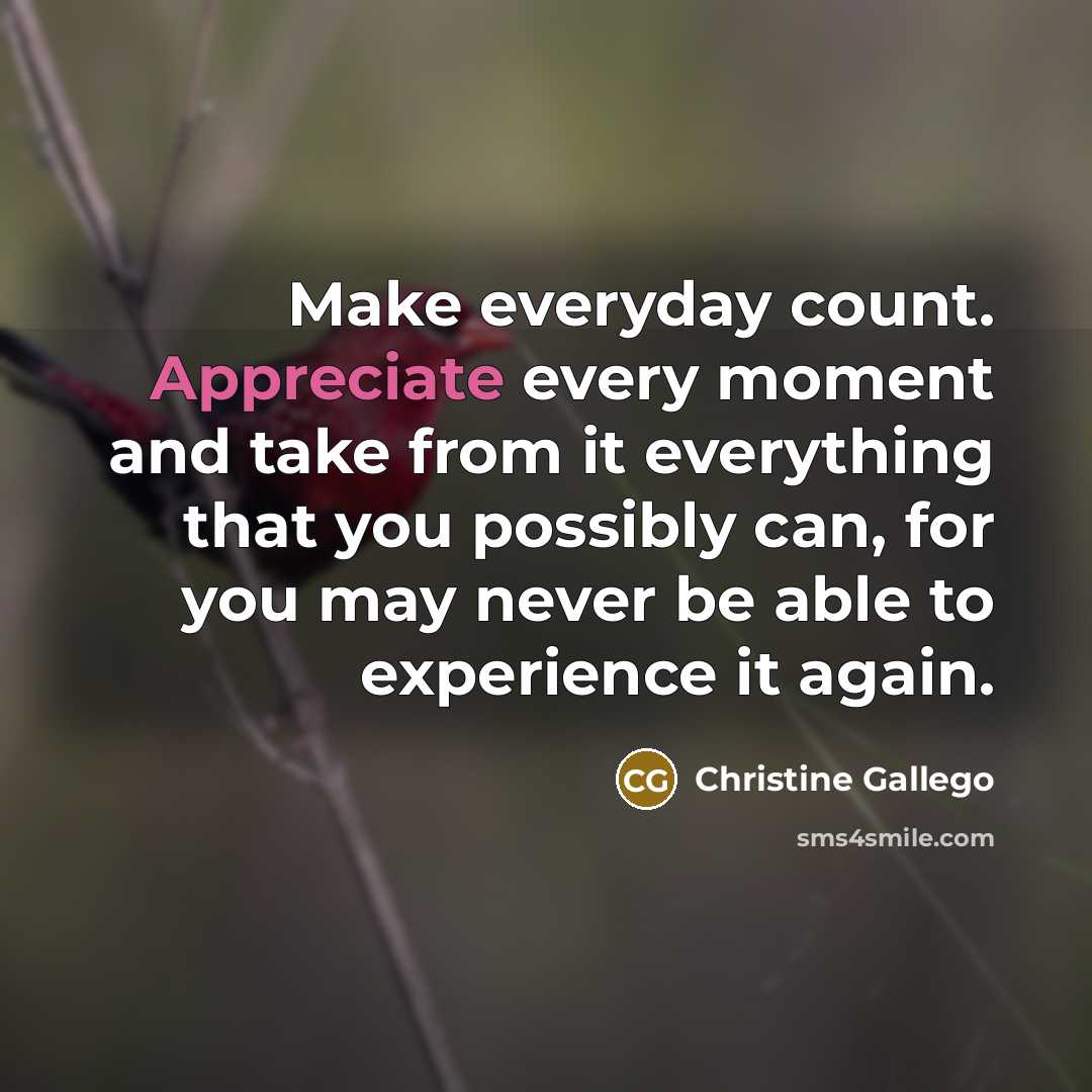 “Make everyday count. Appreciate every moment and take from it everything that you possibly can, for you may never be able to experience it again.” quote by Christine Gallego