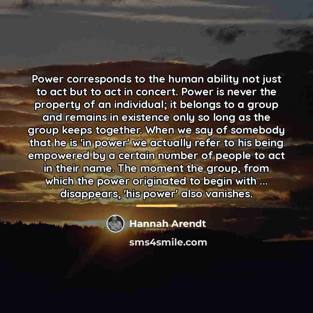 “Power corresponds to the human ability not just to act…” quote by Hannah Arendt