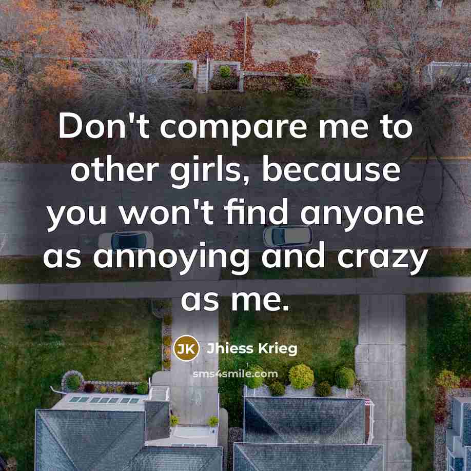 “Don't compare me to other girls, because you won't find anyone as annoying and crazy as me.” quote by Jhiess Krieg