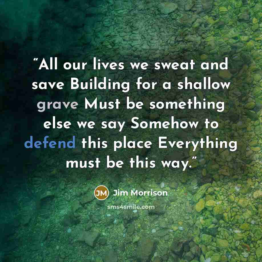 “All our lives we sweat and save Building for a shallow grave Must be something else we say Somehow to defend this place Everything must be this way.” quote by Jim Morrison