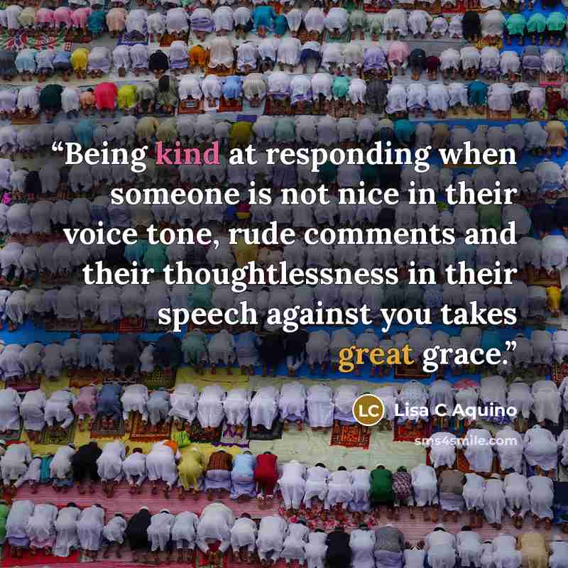 “Being kind at responding when someone is not nice in their voice tone, rude comments and their thoughtlessness in their speech against you takes great grace.” quote by Lisa C Aquino