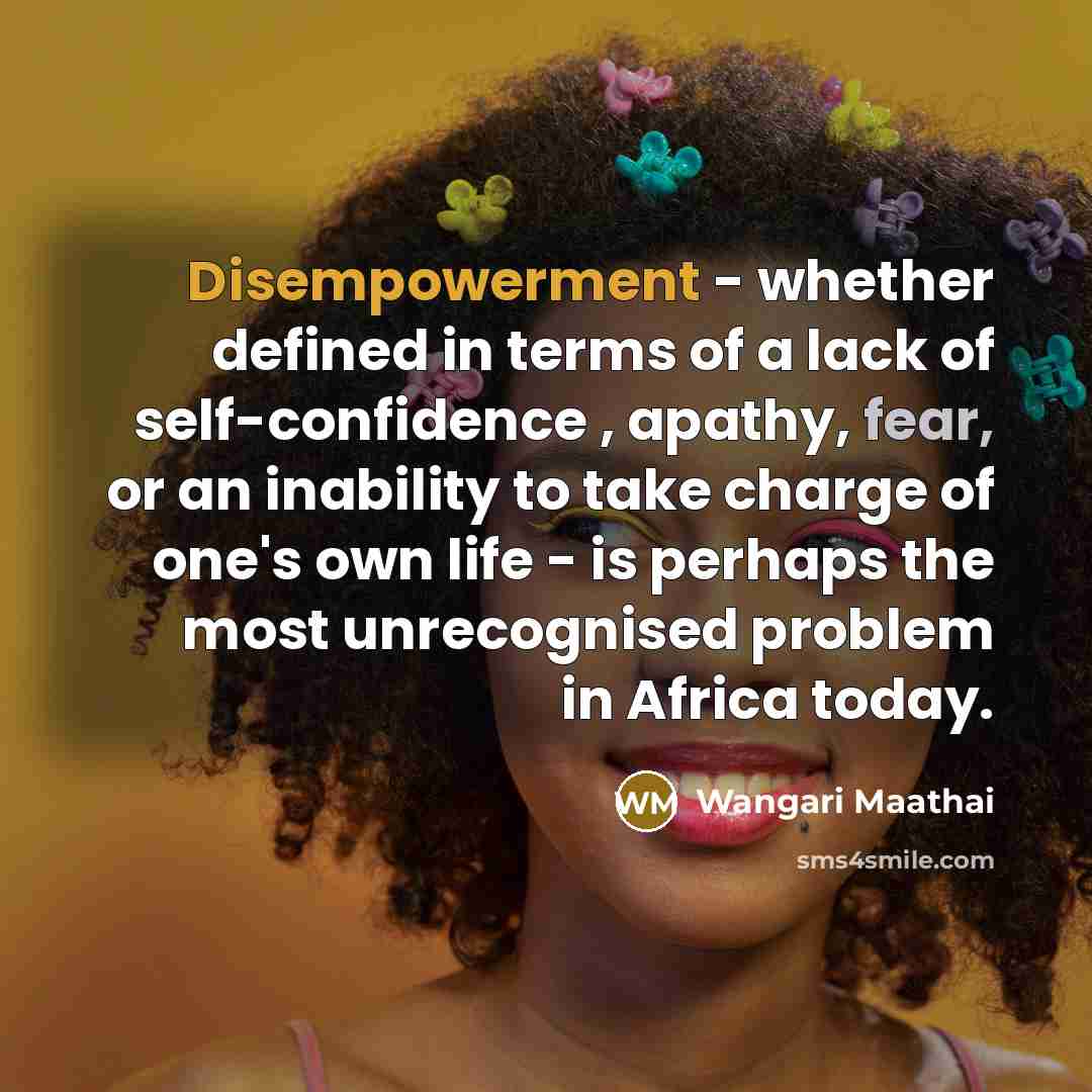 “Disempowerment - whether defined in terms of a lack of self-confidence , apathy, fear, or an inability to take charge of one's own life - is perhaps the most unrecognised problem in Africa today.” quote by Wangari Maathai