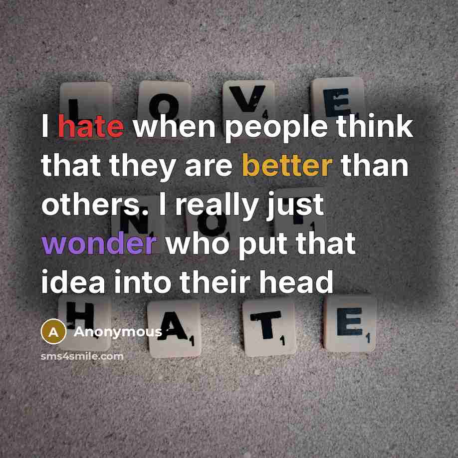 “I hate when people think that they are better than others. I really just wonder who put that idea into their head” quote by Anonymous
