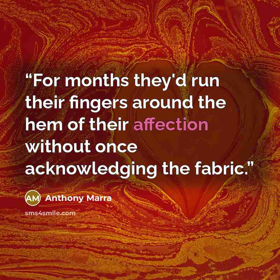 “For months they'd run their fingers around the hem of their affection without once acknowledging the fabric.” quote by Anthony Marra