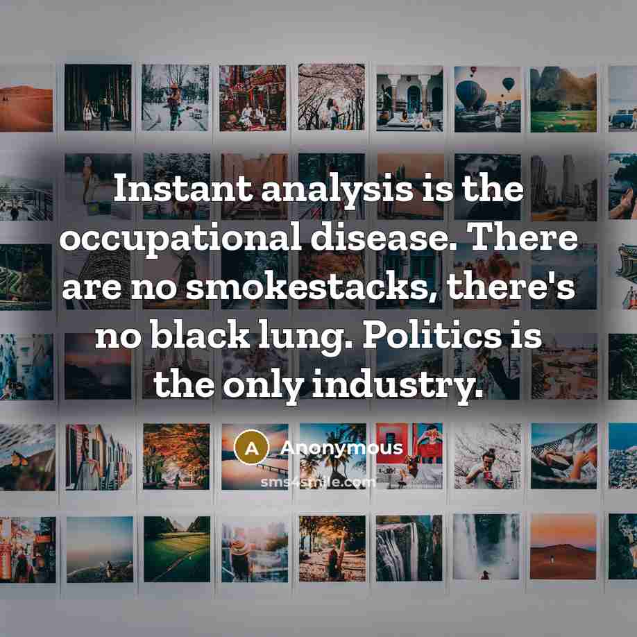 “Instant analysis is the occupational disease. There are no smokestacks, there's no black lung. Politics is the only industry.” quote by Anonymous