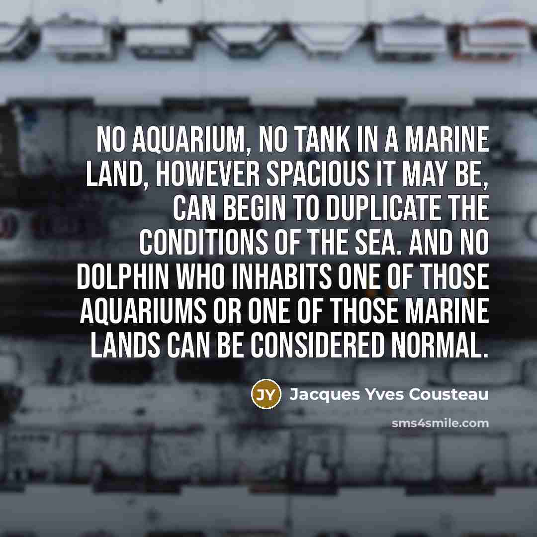 “No aquarium, no tank in a marine land, however spacious it may be, can begin to duplicate the conditions of the sea. And no dolphin who inhabits one of those aquariums or one of those marine lands can be considered normal.” quote by Jacques Yves Cousteau