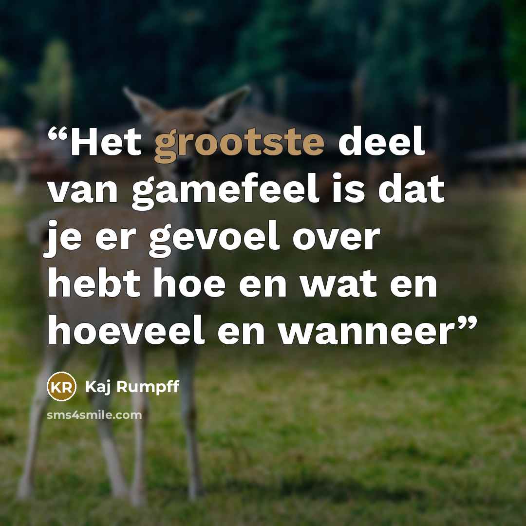 “Het grootste deel van gamefeel is dat je er gevoel over hebt hoe en wat en hoeveel en wanneer” quote by Kaj Rumpff
