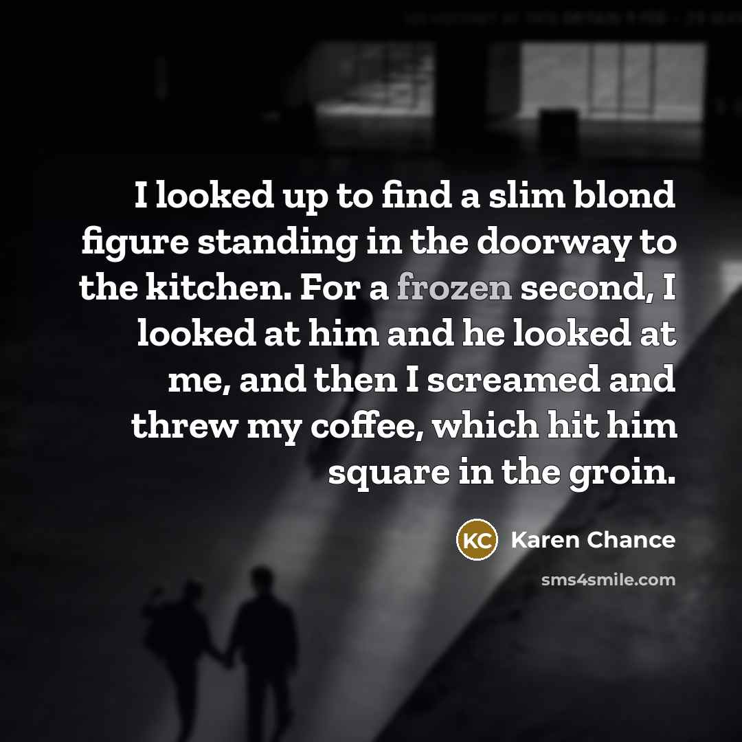 “I looked up to find a slim blond figure standing…” quote by Karen Chance