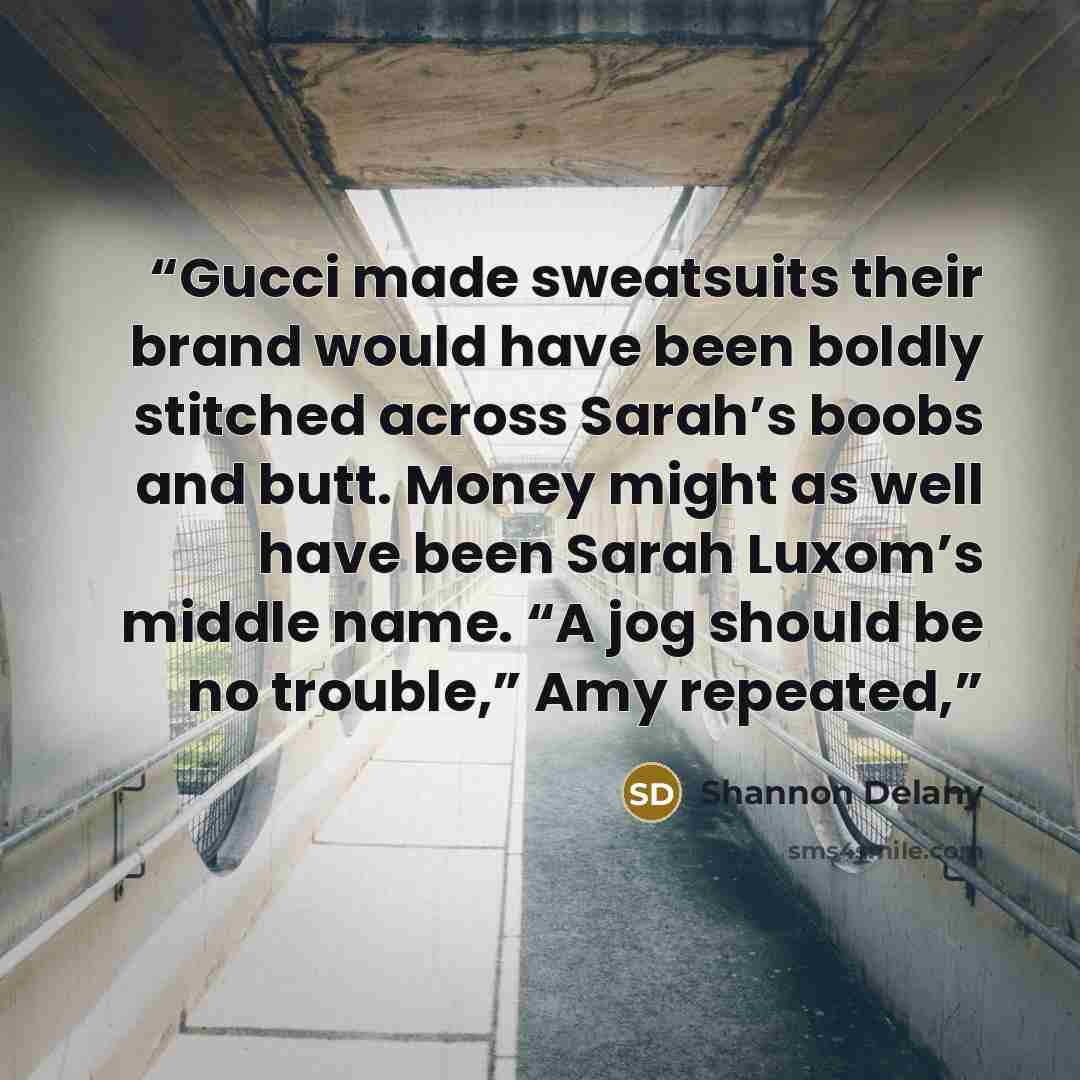 “Gucci made sweatsuits their brand would have been boldly stitched across Sarah’s boobs and butt. Money might as well have been Sarah Luxom’s middle name. “A jog should be no trouble,” Amy repeated,” quote by Shannon Delany