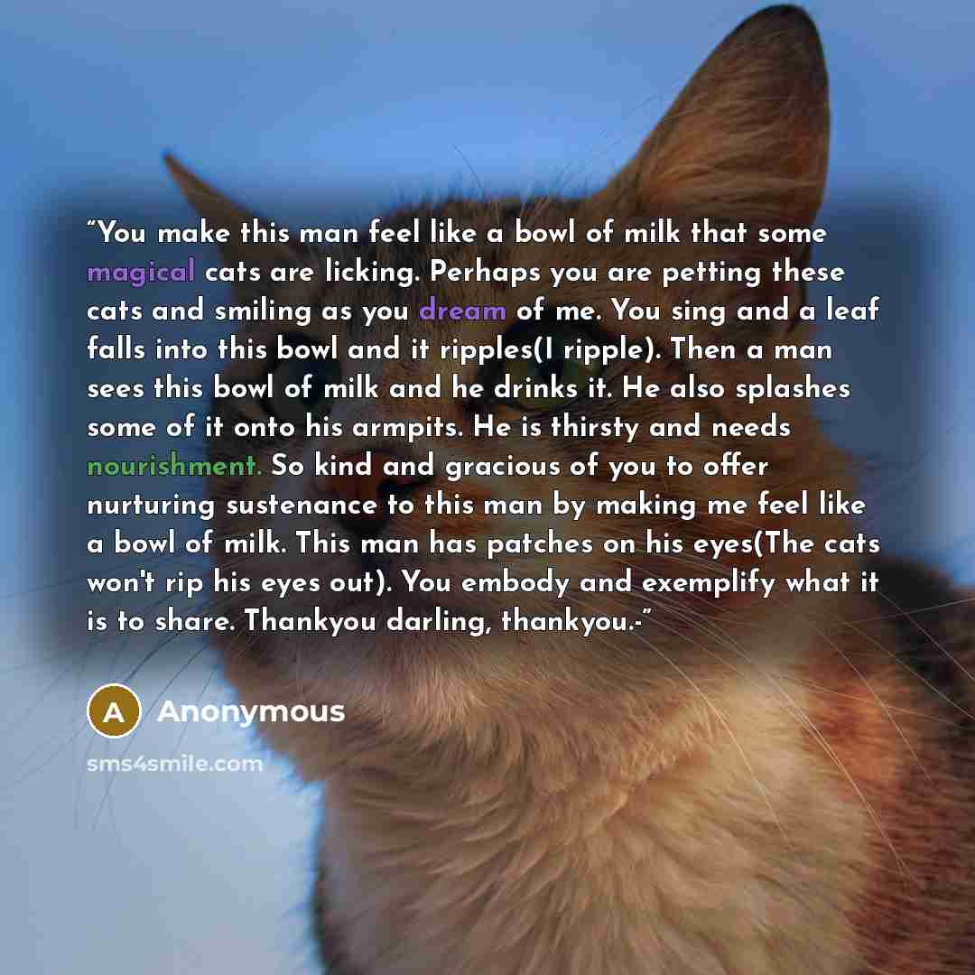 “You make this man feel like a bowl of milk that some magical cats are licking. Perhaps you are petting these cats and smiling as you dream of me. You sing and a leaf falls into this bowl and it ripples(I ripple). Then a man sees this bowl of milk and he drinks it. He also splashes some of it onto…” quote by Anonymous