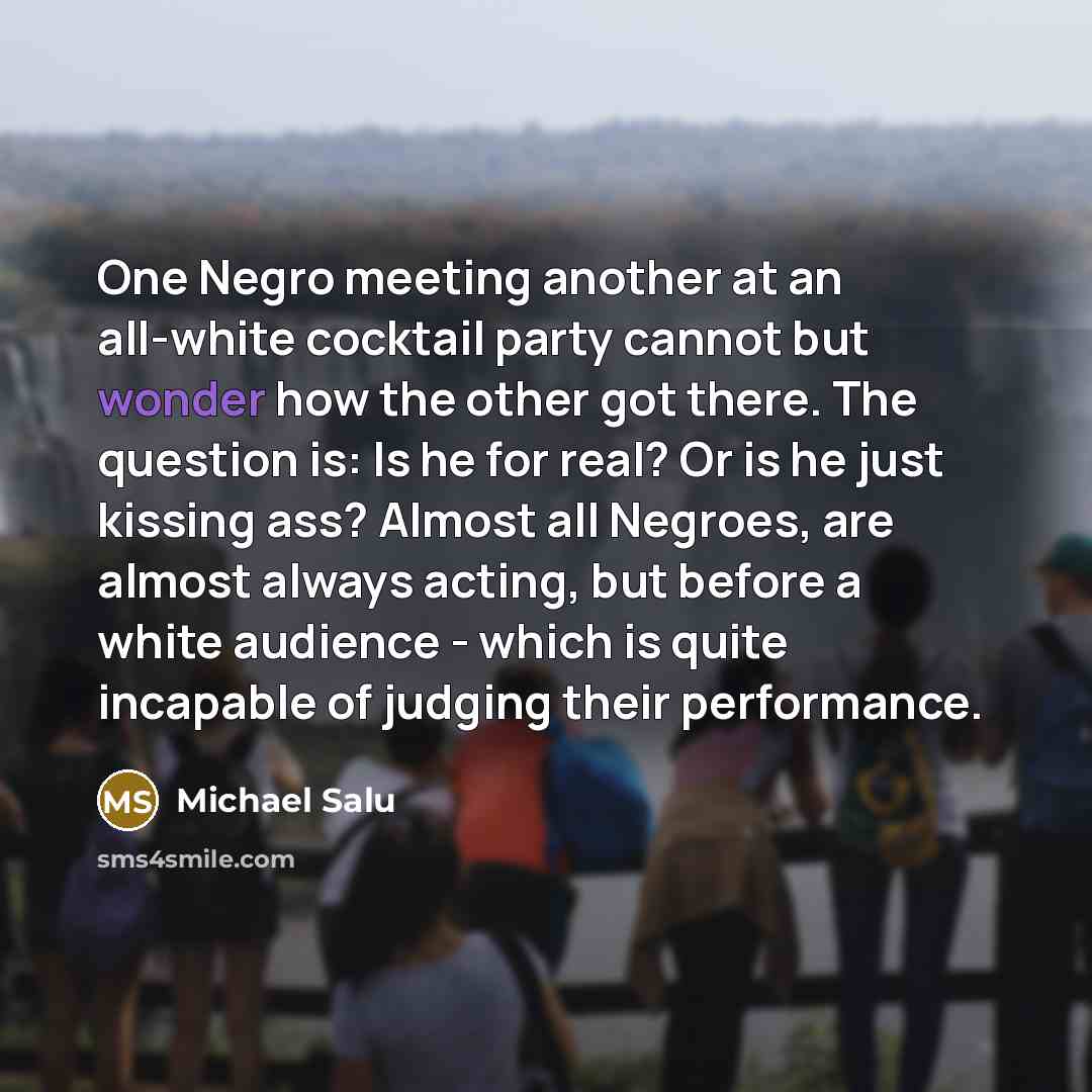 “One Negro meeting another at an all-white cocktail party cannot…” quote by Michael Salu