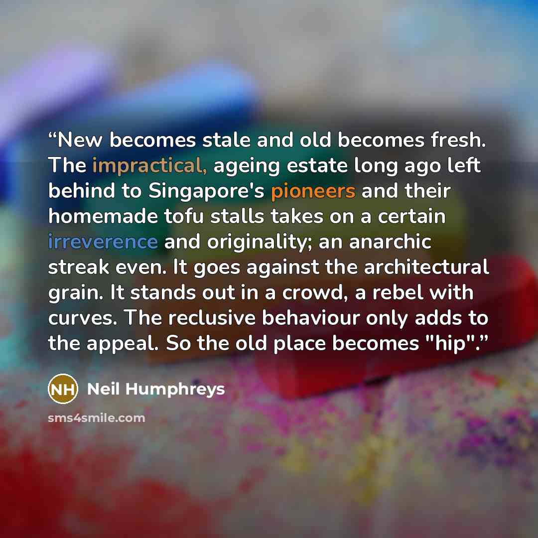 “New becomes stale and old becomes fresh. The impractical, ageing estate long ago left behind to Singapore's pioneers and their homemade tofu stalls takes on a certain irreverence and originality; an anarchic streak even. It goes against the architectural grain. It stands out in a crowd, a rebel…” quote by Neil Humphreys
