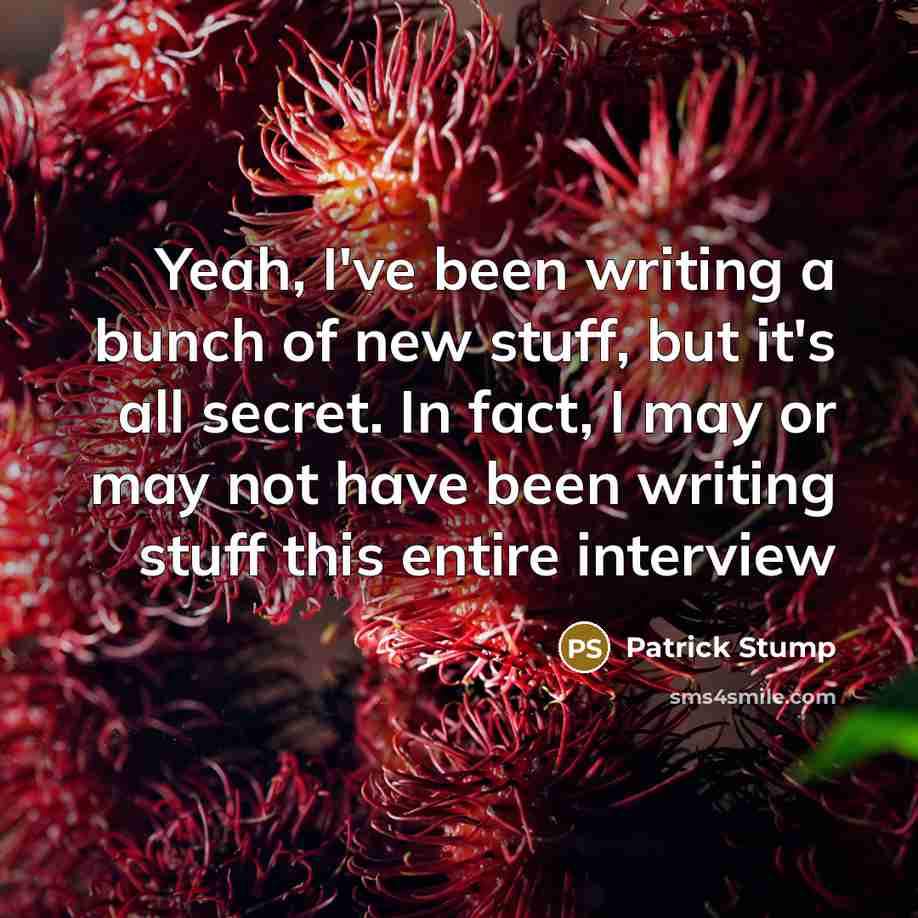 “Yeah, I've been writing a bunch of new stuff, but it's all secret. In fact, I may or may not have been writing stuff this entire interview” quote by Patrick Stump