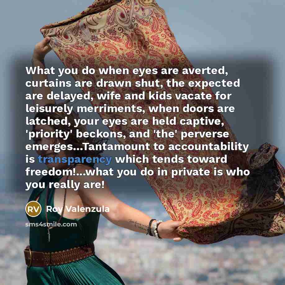 “What you do when eyes are averted, curtains are drawn shut, the expected are delayed, wife and kids vacate for leisurely merriments, when doors are latched, your eyes are held captive, 'priority' beckons, and 'the' perverse emerges…Tantamount to accountability is transparency which tends toward…” quote by Roy Valenzula
