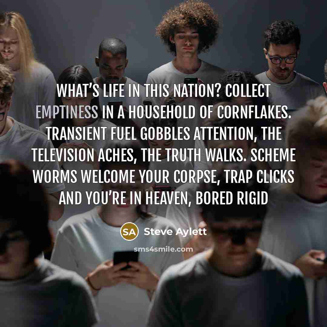 “What’s life in this nation? Collect emptiness in a household…” quote by Steve Aylett