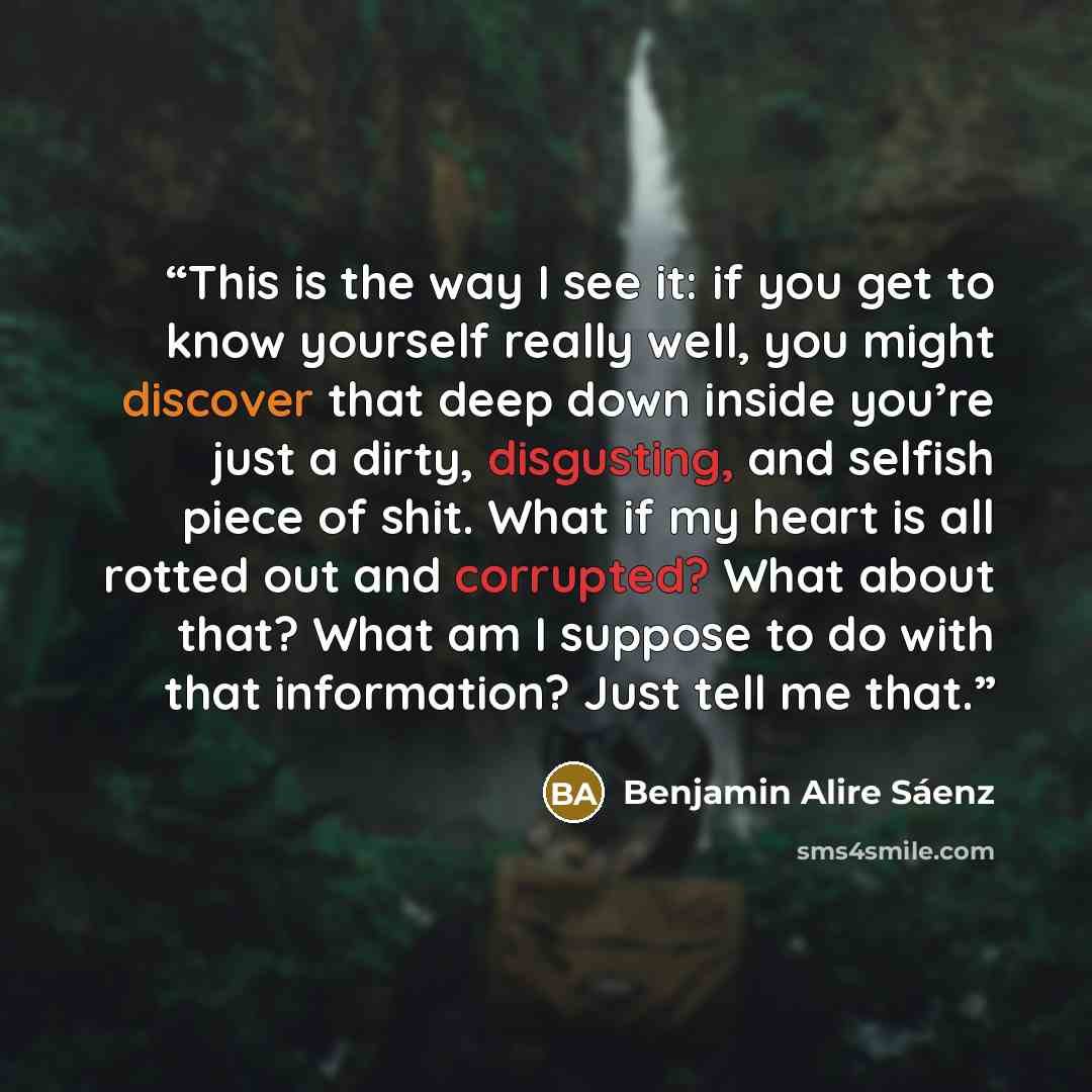 “This is the way I see it: if you get to know yourself really well, you might discover that deep down inside you’re just a dirty, disgusting, and selfish piece of shit. What if my heart is all rotted out and corrupted? What about that? What am I suppose to do with that information? Just tell me that.” quote by Benjamin Alire Sáenz