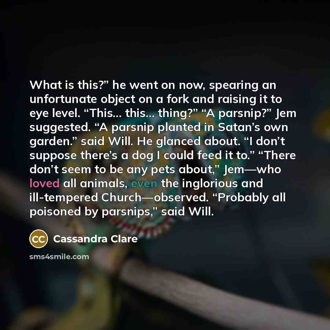 “What is this?” he went on now, spearing an unfortunate…” quote by Cassandra Clare