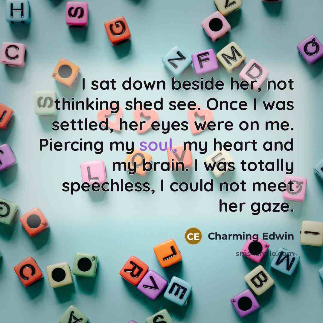 “I sat down beside her, not thinking shed see. Once I was settled, her eyes were on me. Piercing my soul, my heart and my brain. I was totally speechless, I could not meet her gaze.” quote by Charming Edwin