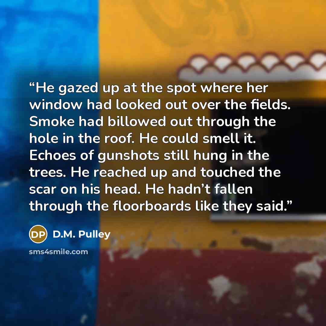 “He gazed up at the spot where her window had looked out over the fields. Smoke had billowed out through the hole in the roof. He could smell it. Echoes of gunshots still hung in the trees. He reached up and touched the scar on his head. He hadn’t fallen through the floorboards like they said.” quote by D.M. Pulley