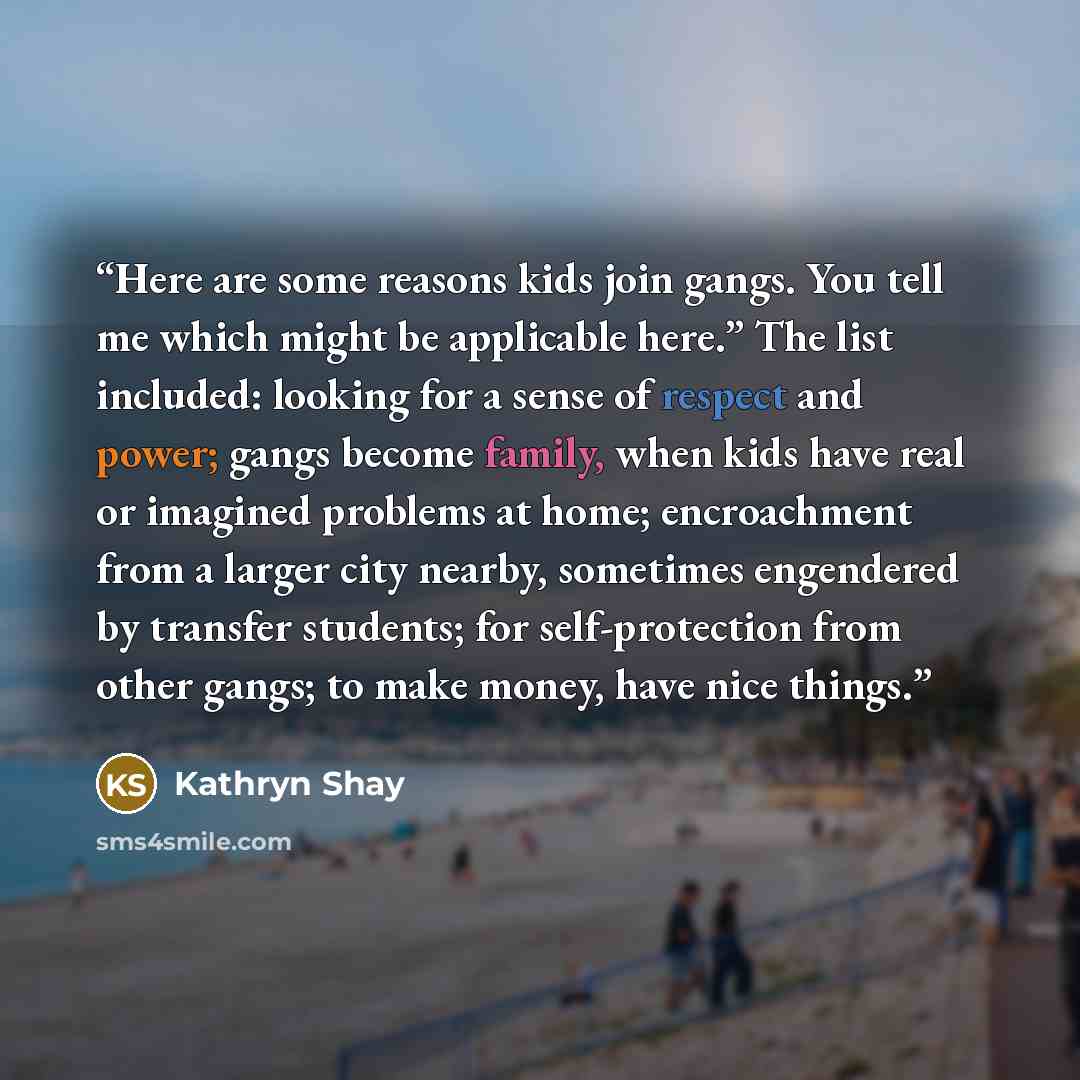 “Here are some reasons kids join gangs. You tell me which might be applicable here.” The list included: looking for a sense of respect and power; gangs become family, when kids have real or imagined problems at home; encroachment from a larger city nearby, sometimes engendered by transfer students…” quote by Kathryn Shay
