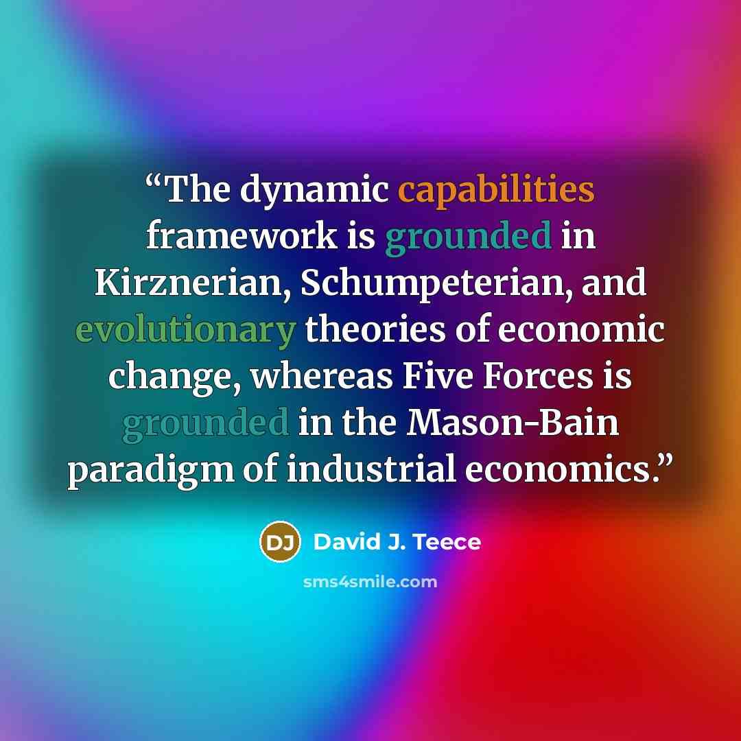 “The dynamic capabilities framework is grounded in Kirznerian, Schumpeterian, and evolutionary theories of economic change, whereas Five Forces is grounded in the Mason-Bain paradigm of industrial economics.” quote by David J. Teece