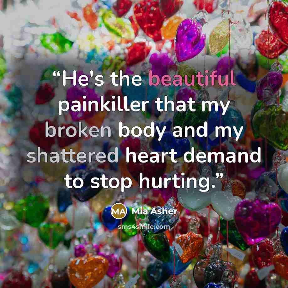 “He's the beautiful painkiller that my broken body and my shattered heart demand to stop hurting.” quote by Mia Asher